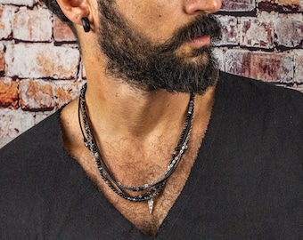 Rock Star Punk Layering Necklace For Men- Black Gemstone Leather Layered Necklace- Mens Waterproof Silver Chain Multi Strand Choker Necklace