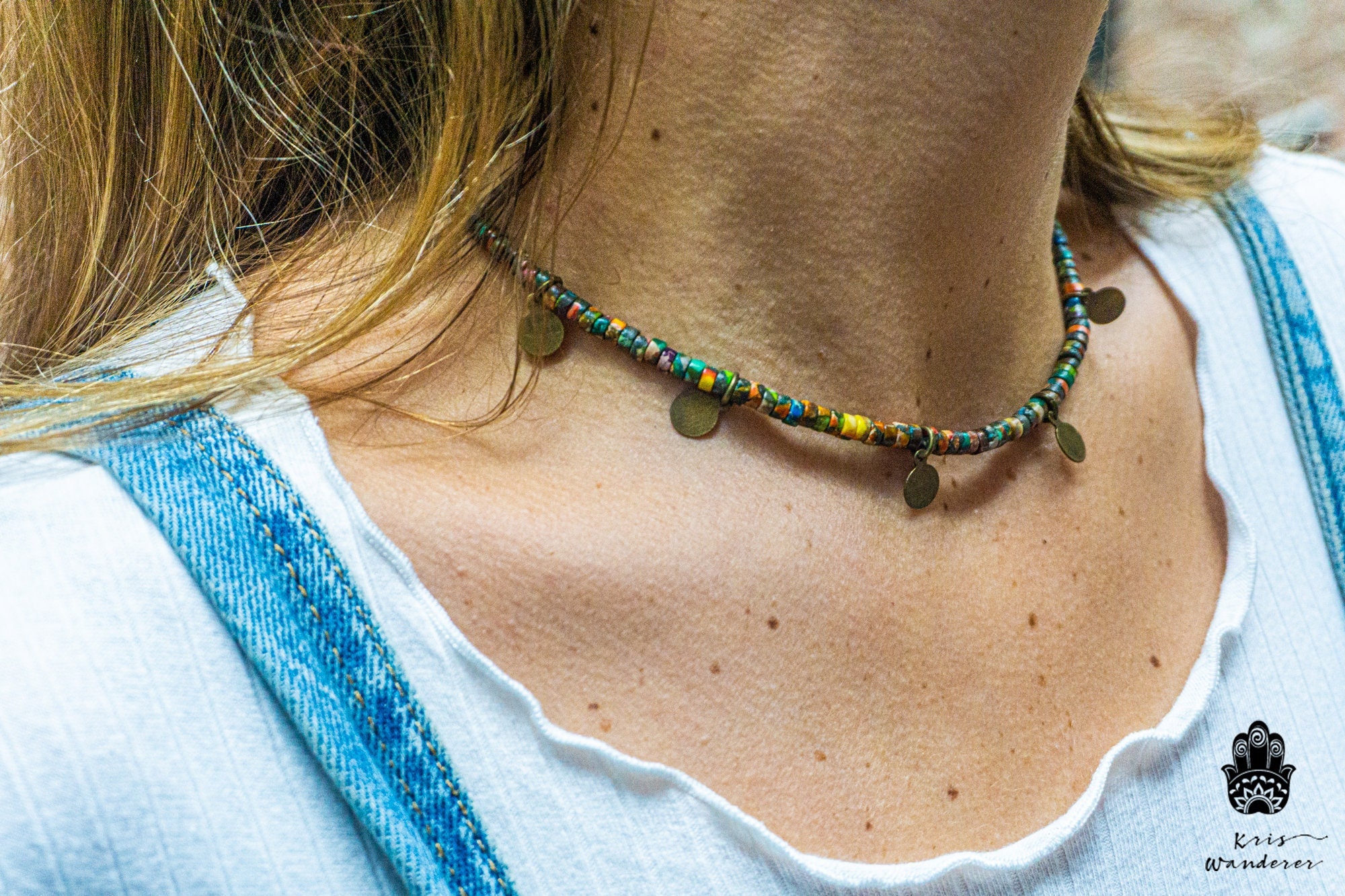 Colorful Everyday Dainty Choker Necklace- Rainbow Jasper Gemstone Collar Necklace- Aesthetic Boho Chic Beaded Necklace- Funky Necklace