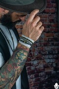 Mens Black Onyx Gemstone Bead Leather And Chain Stacking Boho Charm Bracelet- Luxury Designer Steampunk Meaningful Wrap Bracelet Set For Men product logo