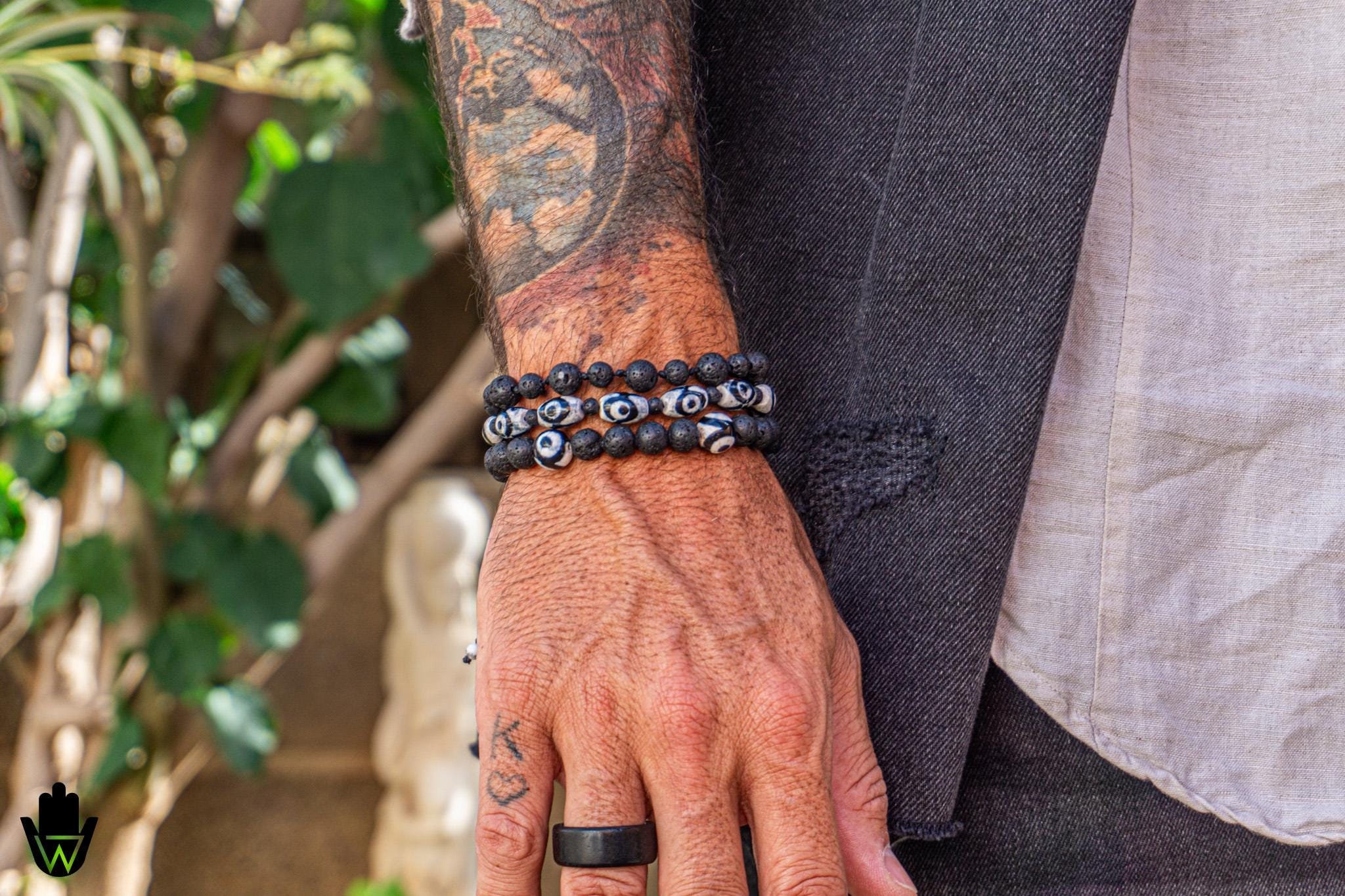 Mens Root Chakra Bracelet Set- Volcanic Lava Rock Bracelet Stack- Black Beaded Tibetan Gemstone Mala Bracelet- Mens Yoga Matching Bracelet