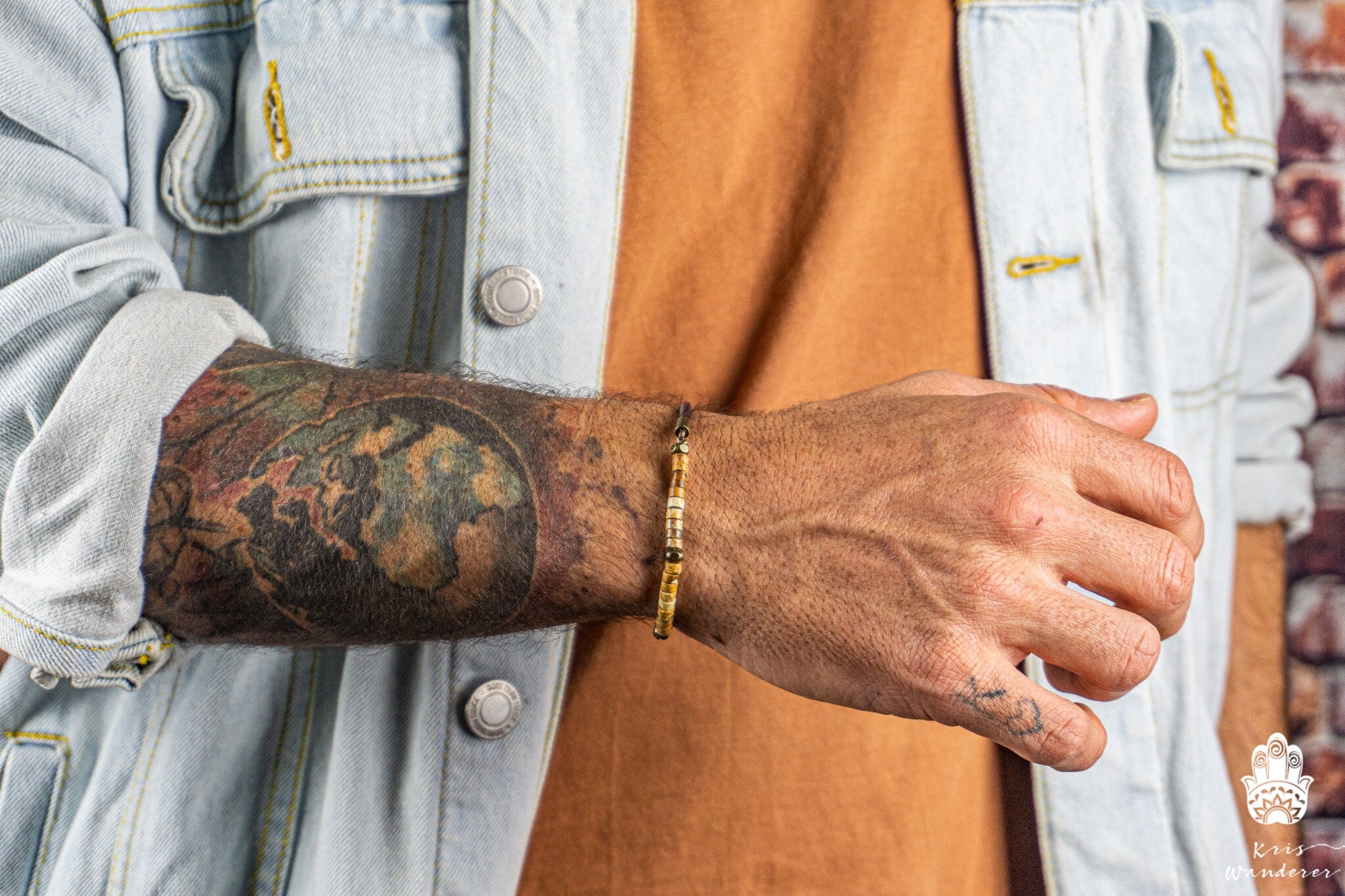 Mens Imperial Jasper Gemstone Beaded Leather Bracelet- Adjustable