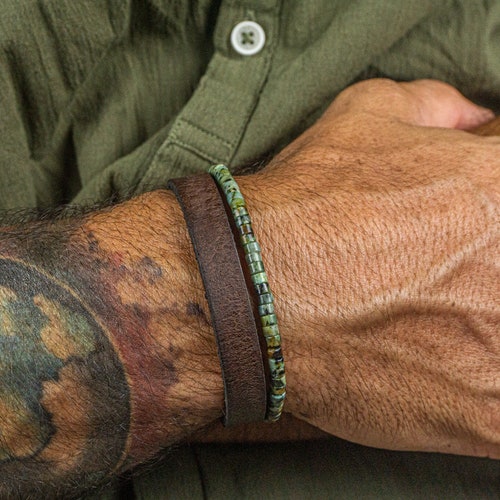 Ensemble de bracelets en cuir de perles pour homme - Bracelet de perles vertes en jaspe pour homme - Bracelet manchette en cuir marron véritable - Ensemble de bracelets assortis