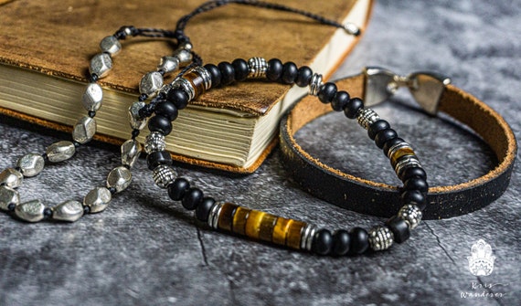 Dream Bracelet Set for Men Black Onyx Tigers Eye Gemstone Silver