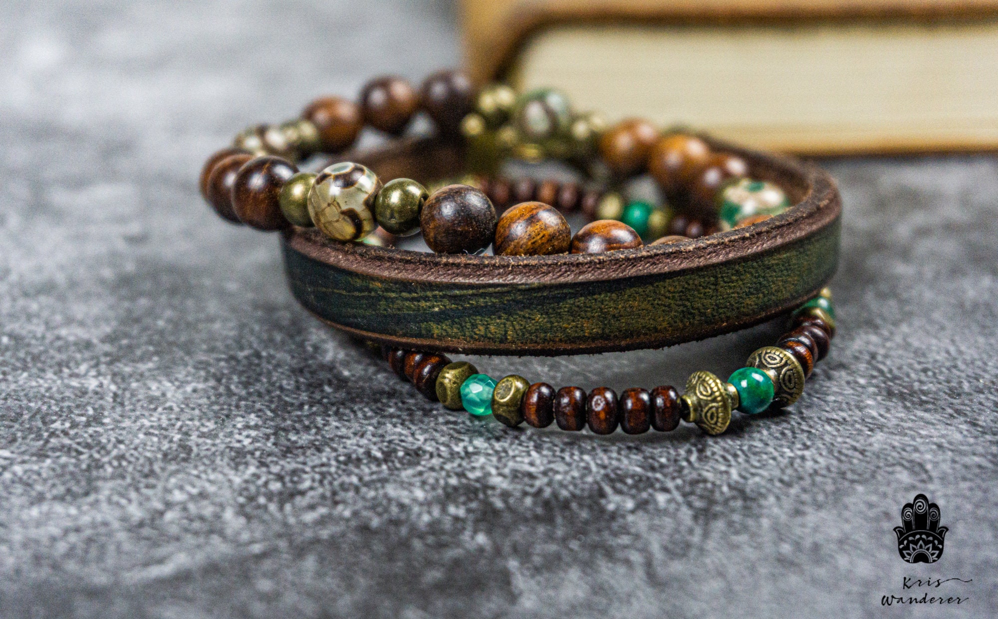 Mens Mala Bracelet Set of 3- Wooden Bead Gemstone and Leather Cool Matching Bracelet Set for Men- Aesthetic Custom Stacking Beaded Bracelet, image size:2000x1241