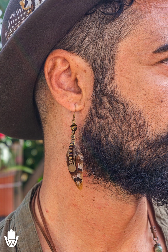 Boho Mens Long Feather Single Earring- Exotic Wood Beaded Earring- Tribal Feather Dangle Earring- Pirate Drop Tiger Eye Gemstone Earring