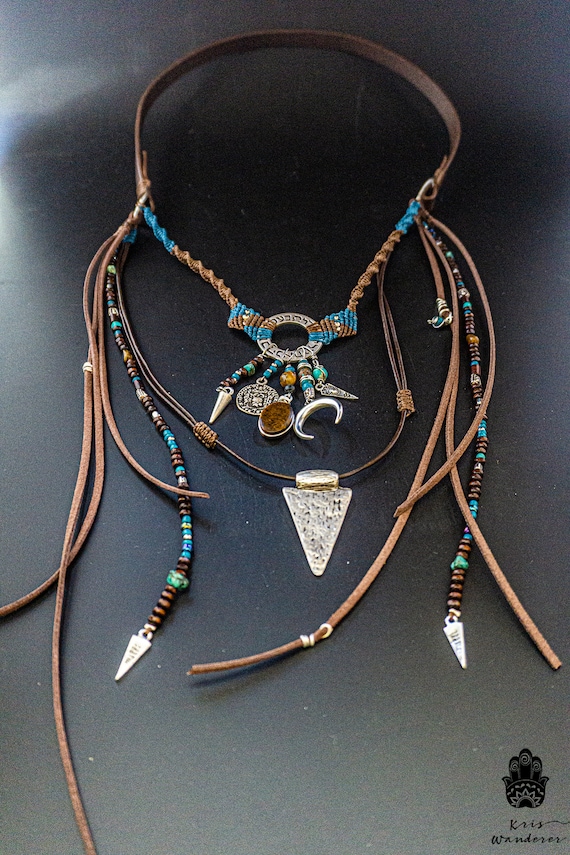 GelConnie Boho Necklace For Women: Long Gold Leather Hippie Choker With Wood Pendant, Adjustable Bohemian Layered Jewelry Gift