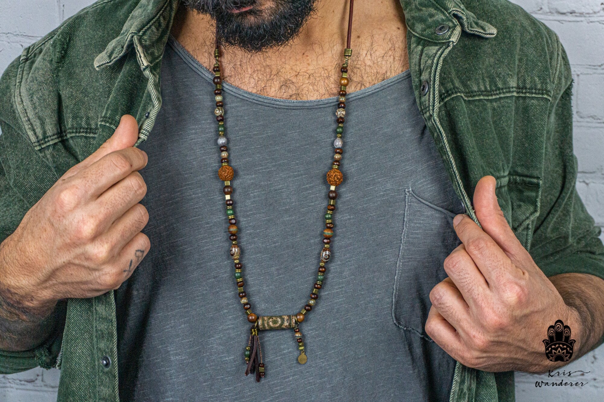 Tibetan Third Eye Necklace for Men Wooden Bead Necklace Mens Boho