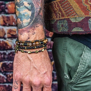 Zwarte onyx tijgeroog innerlijke kracht kralenarmband set voor heren- heren stapelbescherming armbanden- heren boho edelsteen kraal zwarte armband