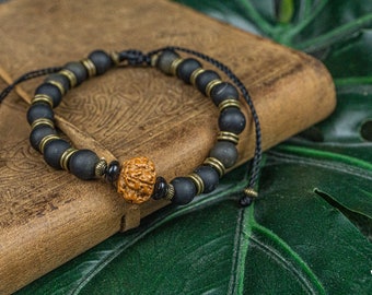 Bracelet en obsidienne dorée noire et rudraksha pour homme - Bracelet de perles mala tibétain - Bracelet de yoga réglable épais avec pierres précieuses noires