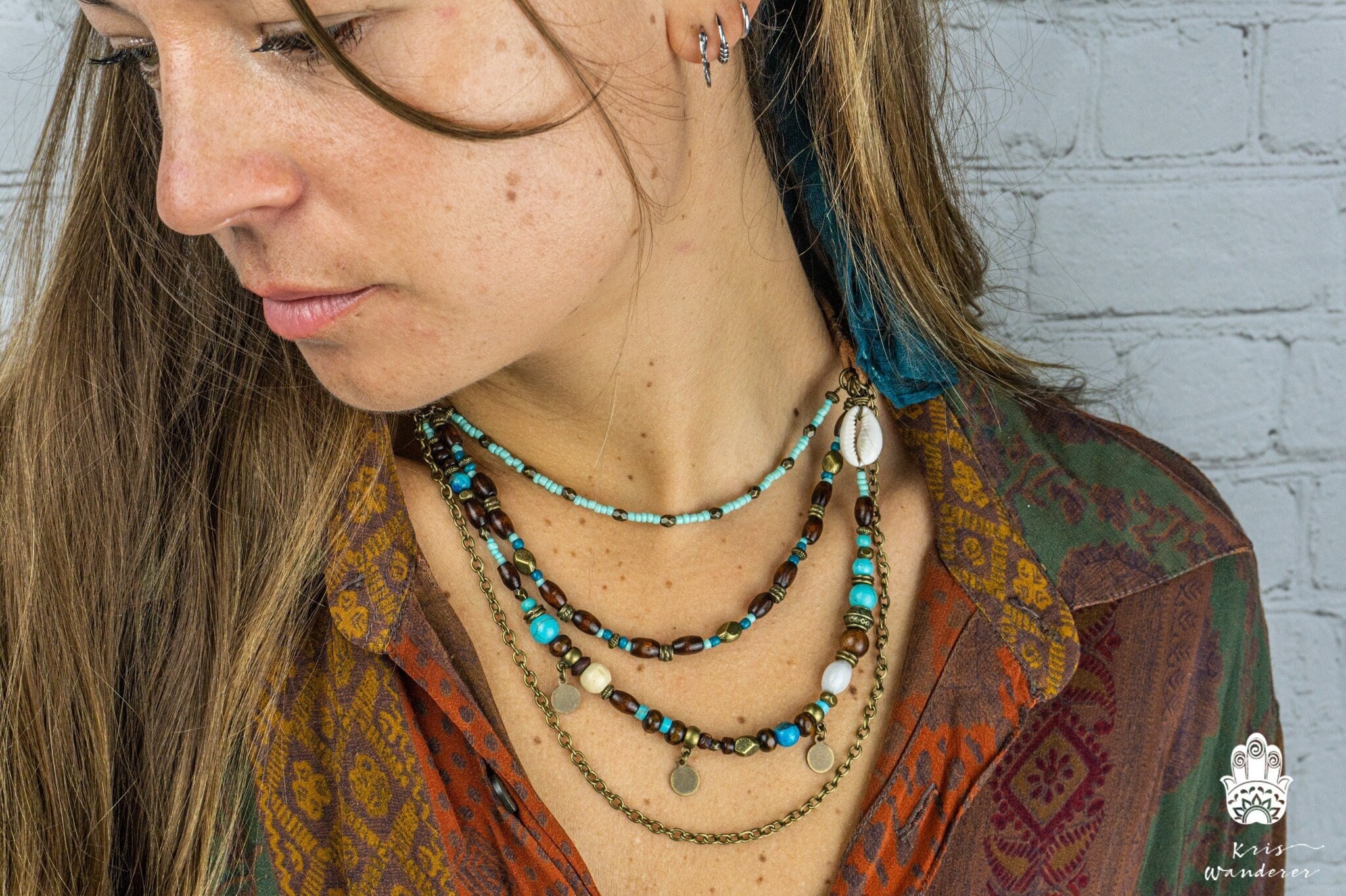 ✨Bohemian Turquoise & Brown Beaded Headchain Wood Turquoise Blue Brown Mens Beaded Surfer Necklace  main image 3