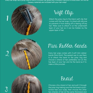 May include: An illustrated guide showing three methods for attaching a hair wrap. The options are a weft clip, mini rubber bands, and braiding. Each method is demonstrated with a close-up image of hair and the attachment technique.