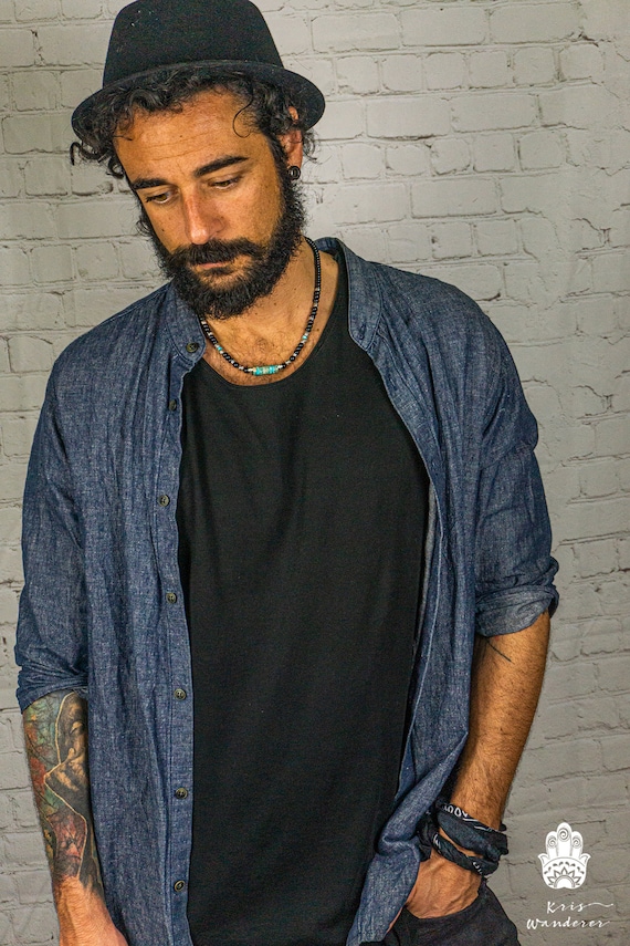 Black And Turquoise Gemstone Choker Necklace For Men- Ocean Turquoise Jasper And Black Onyx Necklace- Handmade Mens Black Beaded Choker