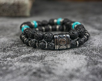 Pulsera llamativa de piedra de lava para hombre - Conjunto de pulseras de cuentas negras y turquesas - Pulsera apilable de acero inoxidable resistente con piedras preciosas para hombre