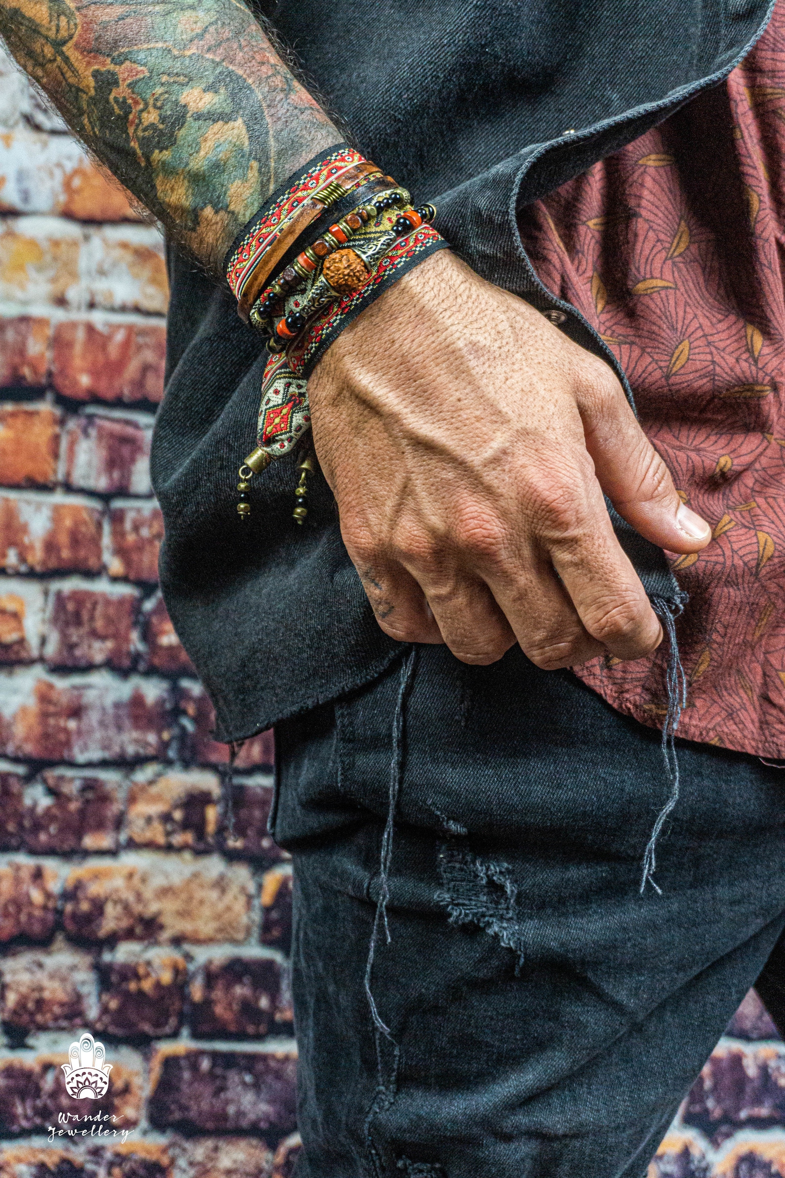 Mens Gypsy Gemstone Bead Stacking Bracelet Setblack Onyx Wood Etsy