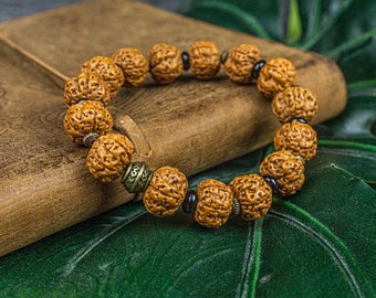 Bracelet homme rudraksha et onyx noir - bracelet mala tibétain grosses graines pour homme - bracelet de méditation yoga - bracelet extensible boho hippie