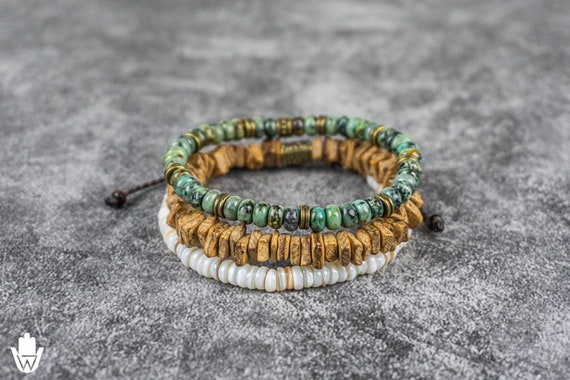 Mens Gemstone Seashell and Coconut Matching Bracelet Set