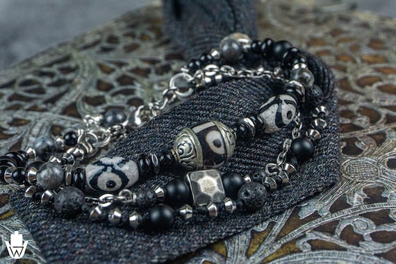 Black Onyx Lava Stone Gemstone Bead and Stainless Steel Chain