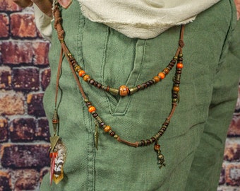 Chaîne de jeans en faux cuir Boho- Porte-clés en bois et plumes pour hommes- Accessoire fait à la main pour pantalons- Portefeuille de chaîne de clés de pantalon- Porte-clés perlé