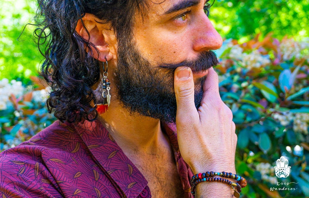 Gunmetal Hoop Dangle Feather Earring for Men- Mens Boho Colorful