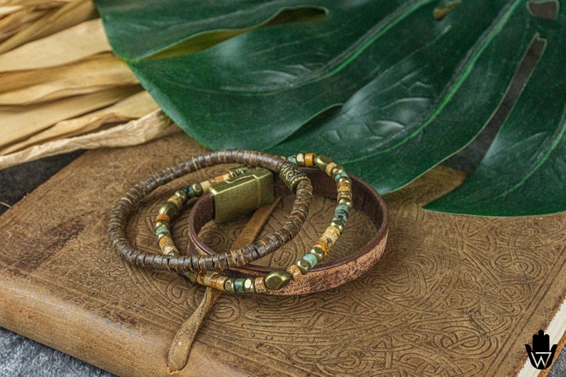 Natural Jasper Gemstone Leather And Coconut Bead Protection Bracelet Set Mens Matching Stackable Bracelets Yoga Boho Beaded Bracelet Set image 8