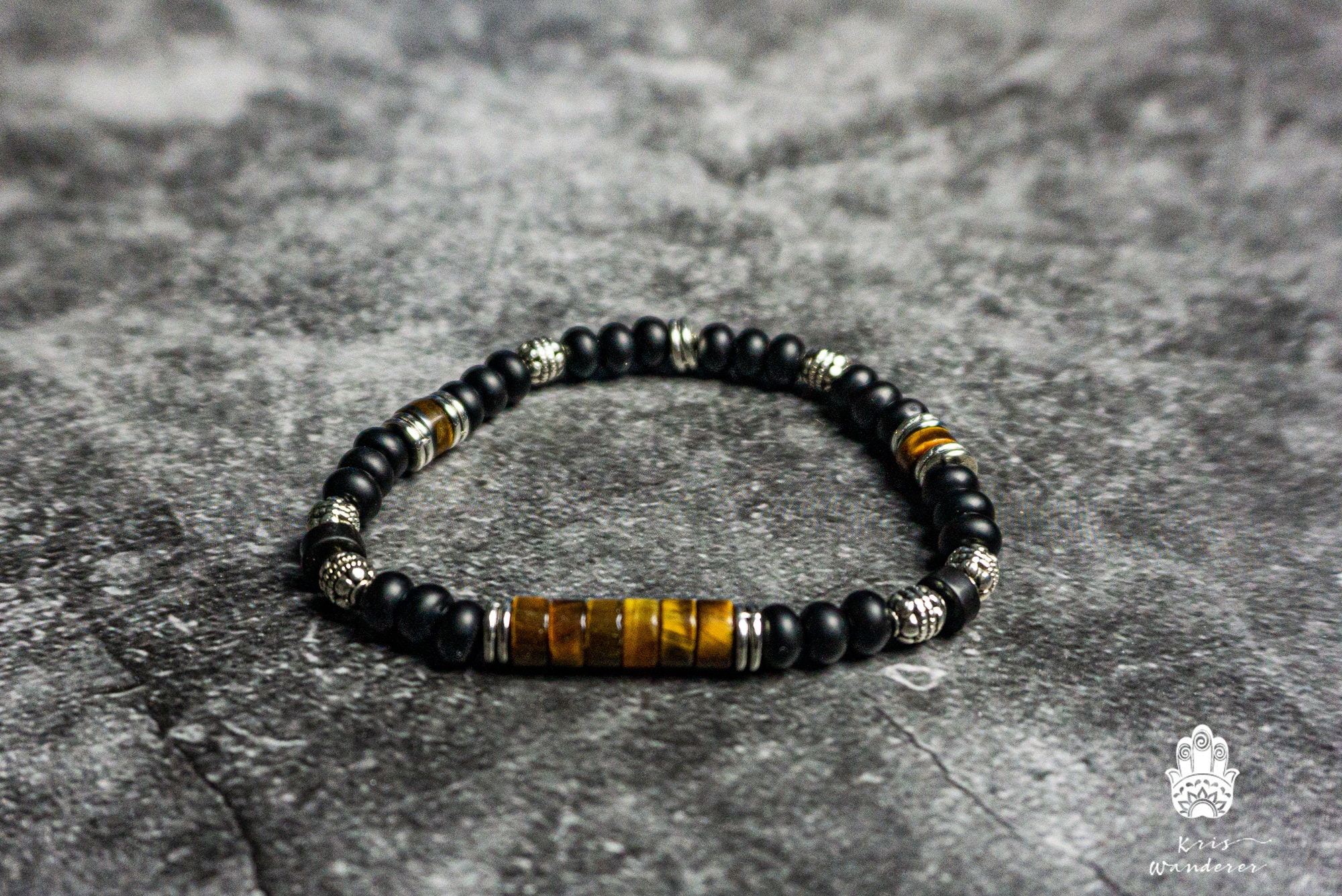 Bracciale Uomo Fai Da Te In Pietra Naturale Occhio Di Tigre E Corona Nera Con Zirconi - Regolabile