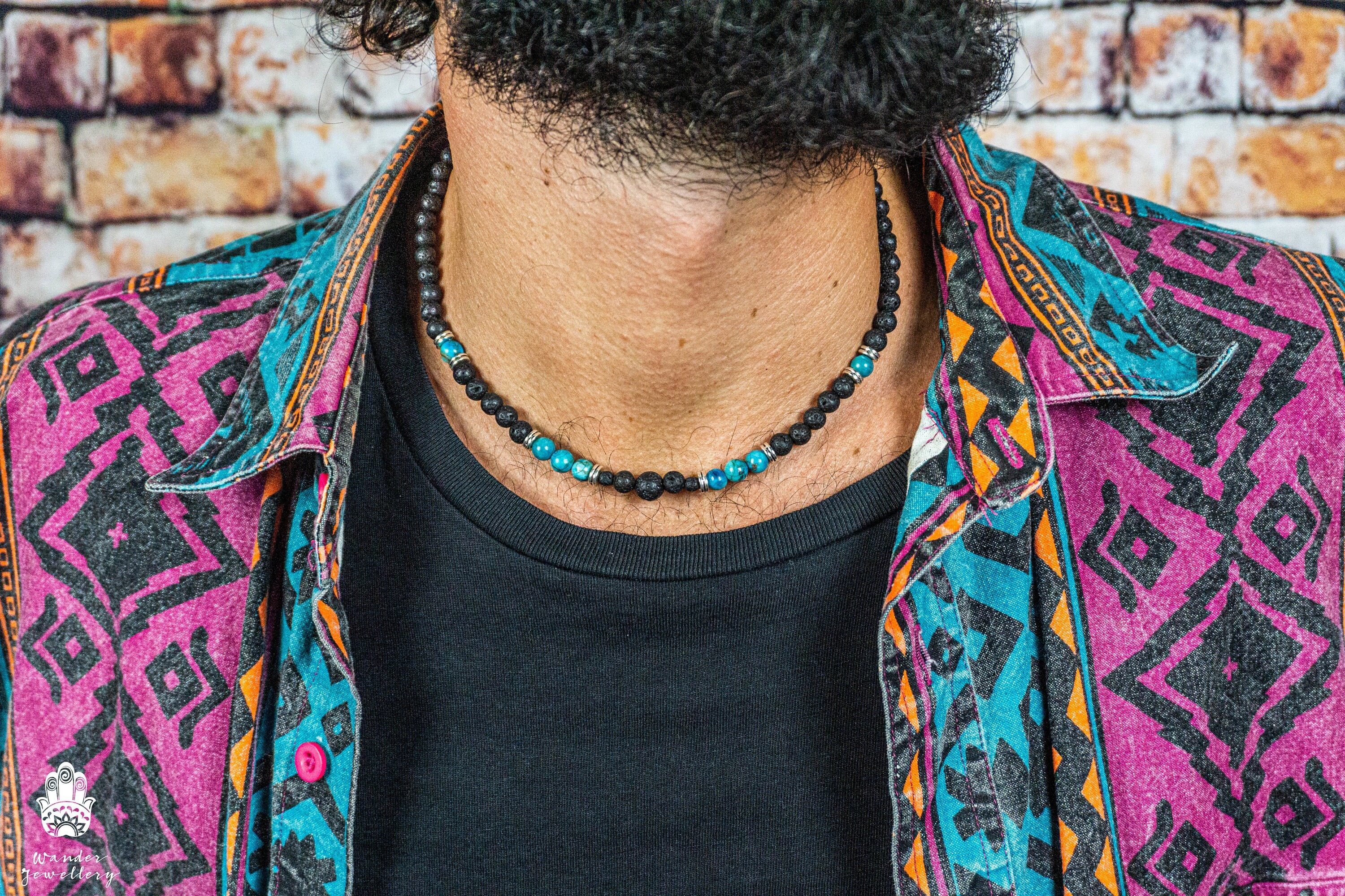 Mens Lava Stone and Turquoise Ocean Jasper Necklace- Black and