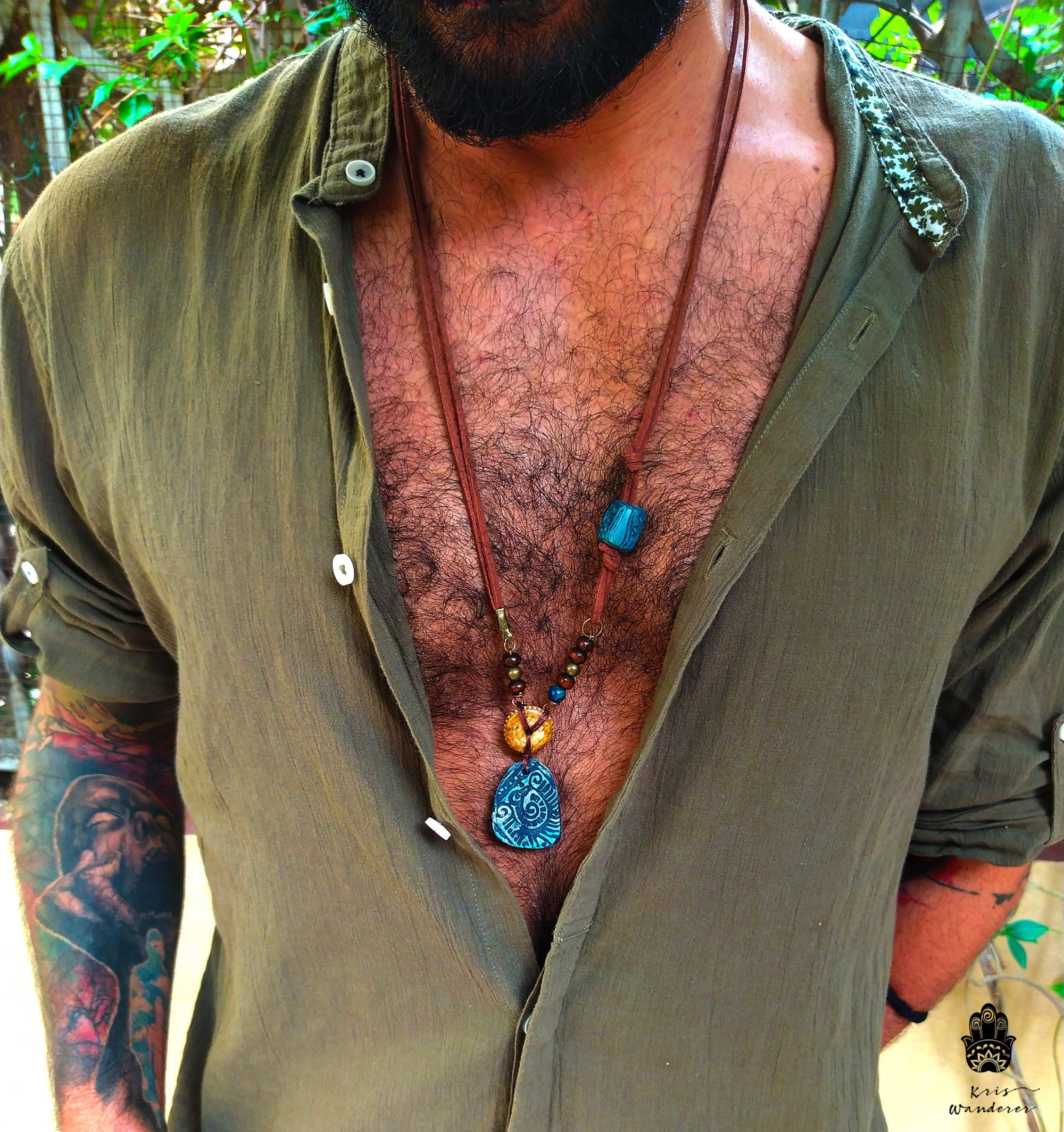 Tribal Leather Necklace for Men - Blue Necklace - Men's Tribal Leather Necklace for Men - Blue Necklace - Men's