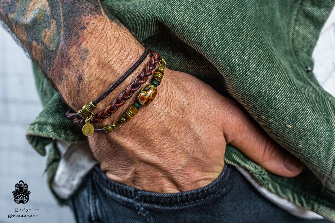 Mens Leather Charm Sweden - Fire Gemstone Leather Stacking Bracelet Men Eye Bracelet Tiger Set Etsy for Woven Boho Cuff Wrap Braided Protection Agate