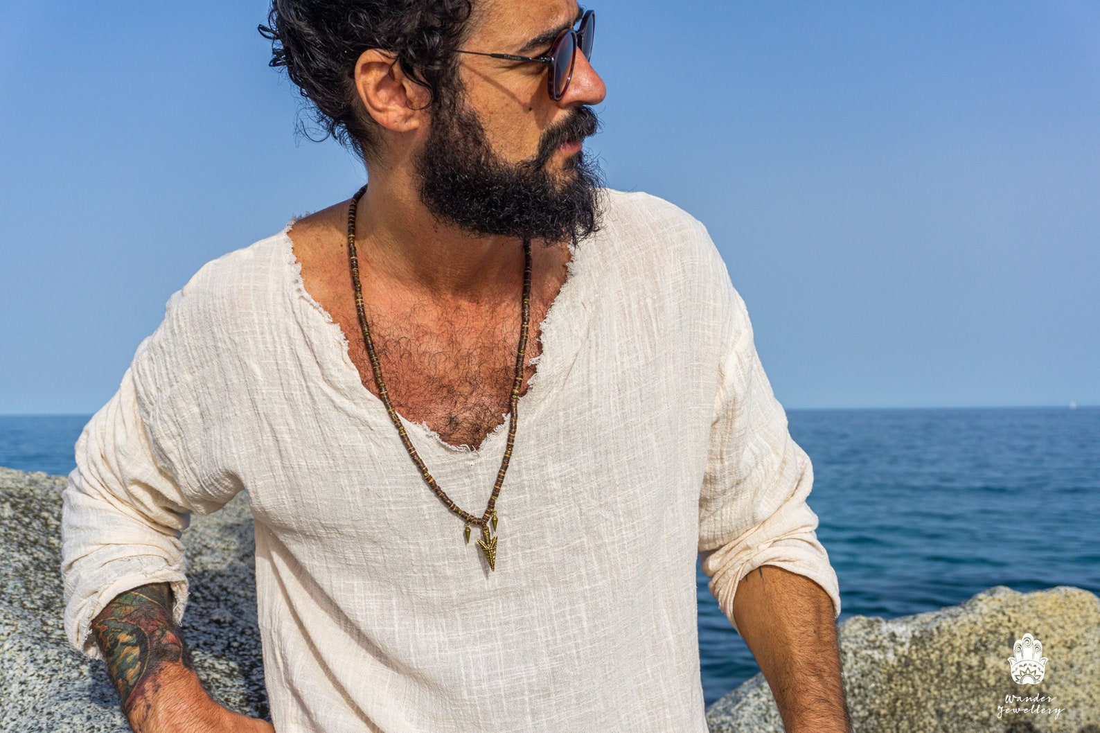 Mens Coconut Shell Beadead Arrowhead Pendant Necklace- Wooden Bead Long ...