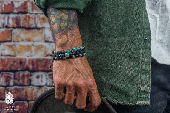 Black Onyx and Green Turquoise Gemstone Bead Macrame