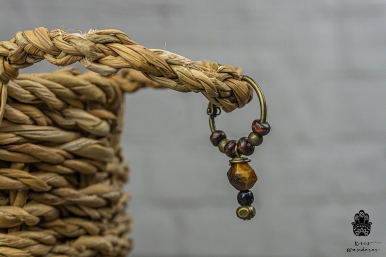 Mens Hoop Wooden Beaded Earring Tribal Ethnic Gemstone Earring For Men Wood Bead And Tiger Eye Earring Boho Pirate Dangle Drop Earring image 2