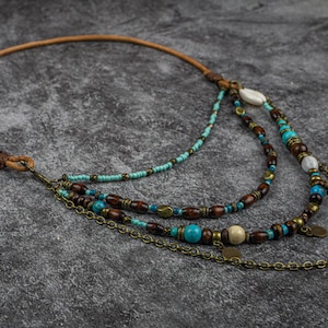 Multi layer necklace for Women Earthy necklace Exotic multi strand necklace Boho Statement Leather Beaded Necklace image 5