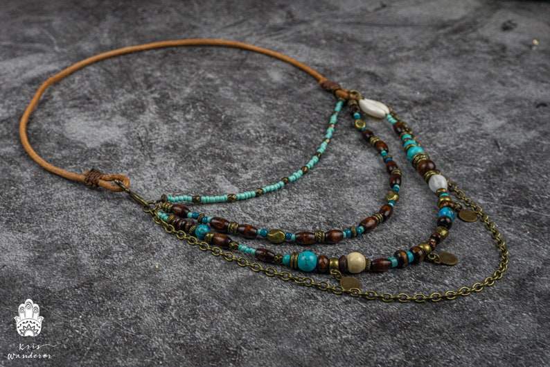 Multi layer necklace for Women Earthy necklace Exotic multi strand necklace Boho Statement Leather Beaded Necklace image 5