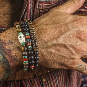 Mens Skull Charm Bracelet Set - Wooden Gemstone Bracelet Set For Men- Stackable Lucky Bracelet For Men- Adjustable Chunky Beaded Bracelet