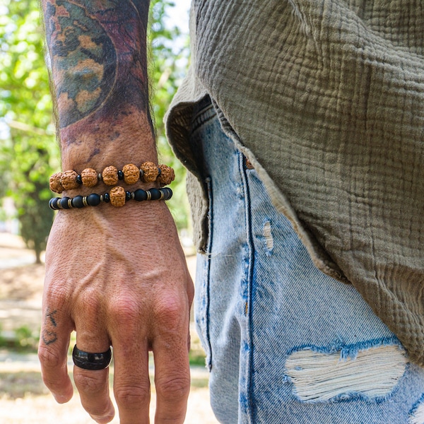 Ensemble de bracelets pour homme en obsidienne dorée noire et rudraksha - Ensemble de bracelets assortis en perles de yoga tibétaines pour homme - Gros bracelet Mala empilable
