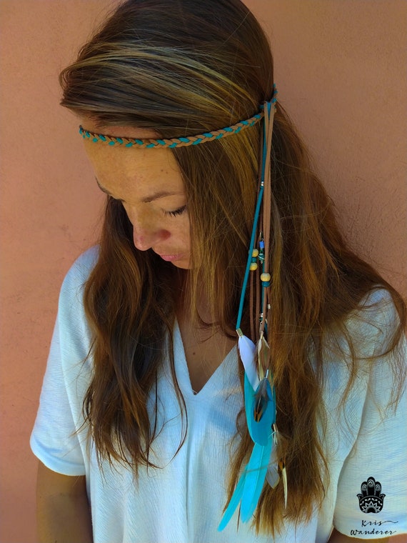 Blue and Beige Feather Headband Hippie 