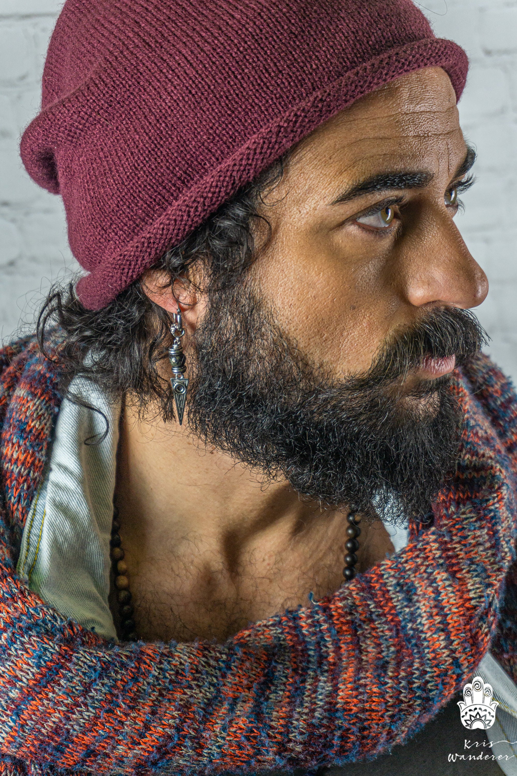 Long Dangle Triangle Gemstone Mens Earring- Stainless Steel Drop Earring For Men- Beaded Modern Pirate Hoop Earring- Silver Spike Earring