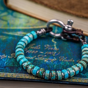 Mens Imperial Jasper Turquoise Elegant Bracelet- Gemstone Heishi Bead Bracelet For Men -Leather Beaded Boho Chic Unique Designer Bracelet