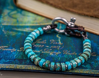 Mens Imperial Jasper Turquoise Elegant Bracelet- Gemstone Heishi Bead Bracelet For Men -Leather Beaded Boho Chic Unique Designer Bracelet