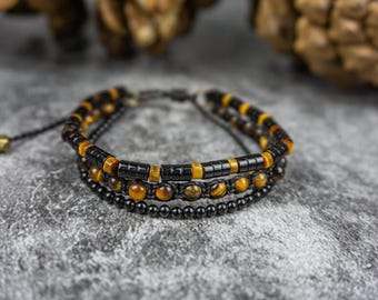 Conjunto de pulseras Boho Urban Fusion para hombre: pulsera de triple capa con cuentas de ónix negro y ojo de tigre, brazalete con piedras preciosas hecho a mano.