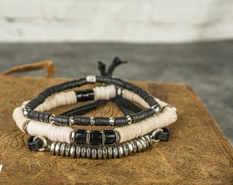 Vinyl Disc Trendy Bracelet Set For Men- Aesthetic Heishi Rubber Bead Bracelets- Mens Black Leather Beaded Stacking Bracelet