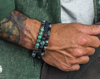 Ónix negro y turquesa verde piedra preciosa cuentas Macrame pulsera conjunto para hombres- pulsera de fuerza apilable con cuentas para hombres- pulsera de obsidiana dorada