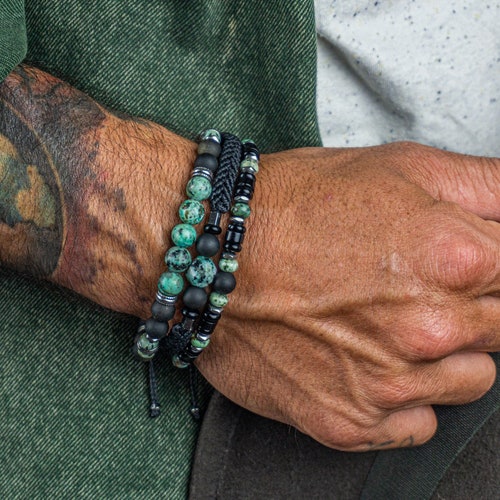 thumbnail image 2 of Men's Handmade Turquoise & Matte Black Agate 6mm Bead Wrap Bracelet – Leather, USA Made 2 of 5