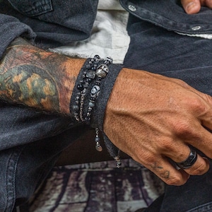 Zwarte onyx lavasteen edelsteen kraal en roestvrijstalen kettingarmband voor heren - heren Boho Rock Star Statement gelaagdheid kralenarmband set