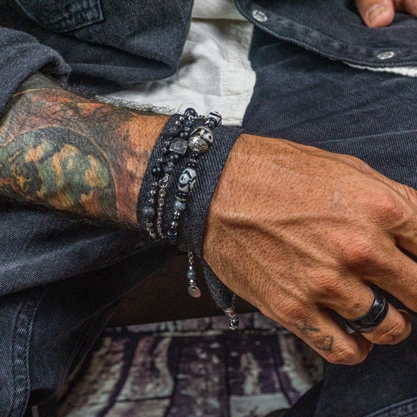 Pulsera de acero inoxidable con cuentas de piedra de lava de ónix negro para hombre. Conjunto de pulsera de cuentas con capas estilo bohemio rock star.
