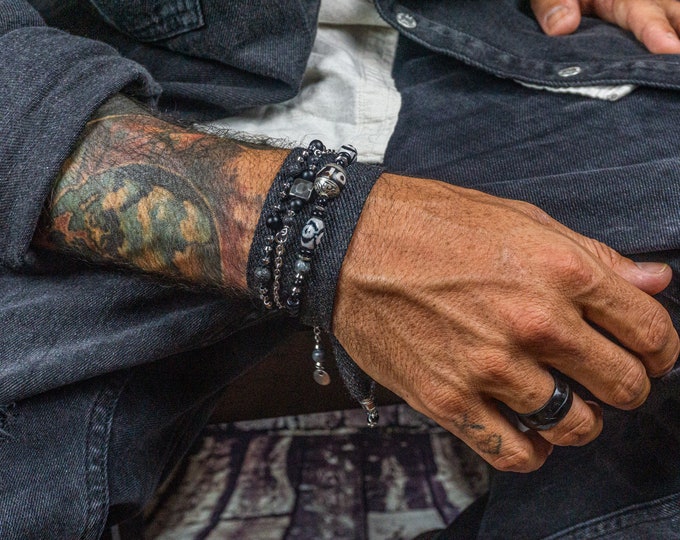 Black Onyx Lava Stone Gemstone Bead And Stainless Steel Chain Bracelet For Men- Mens Boho Rock Star Statement Layering Beaded Bracelet Set