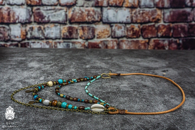 Multi layer necklace for Women Earthy necklace Exotic multi strand necklace Boho Statement Leather Beaded Necklace image 9