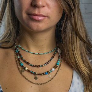 Colar multicamadas para mulheres – Colar terroso Colar exótico com vários fios – Colar Boho com contas de couro