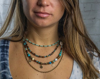 Meerlaagse ketting voor dames - Aardse ketting Exotische ketting met meerdere strengen - Boho Statement Leren kralenketting