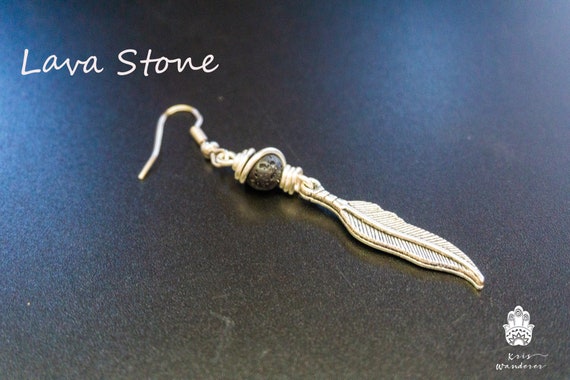Mens Feather Earring With Natural Stone Dangle Earring for Men